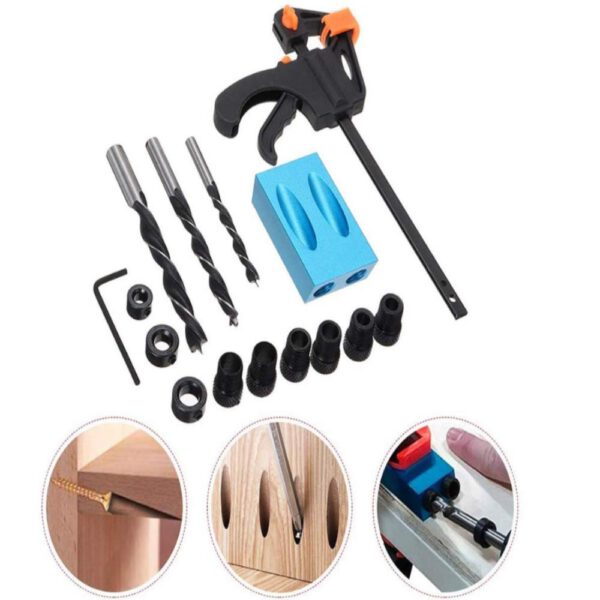 15pcs Pocket Hole Screw Jig 15° Dowel Drill Kit with 6/8/10mm Drill Bit Drive Adapter