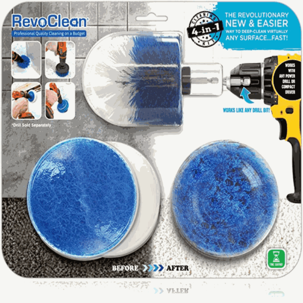 RevoClean 4 Piece Scrub Brush Power Drill Attachments-All Purpose Time Saving Kit