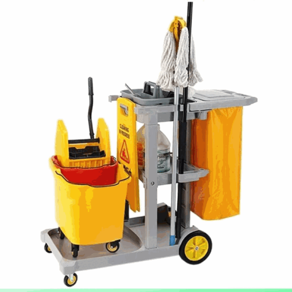 Housekeeping Cart Organizer with Lid & Detachable Bag, Commercial Janitorial Trolley